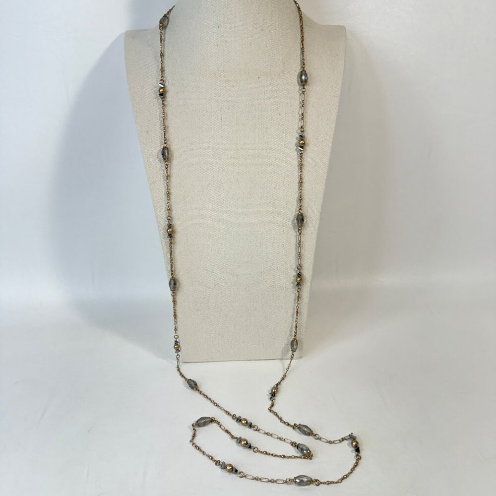 Long Faceted Glass‎ Bead Station Necklace Gold Tone Layering Piece